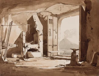 Interiør af en smedje, med tilføjelser af prins Alfonso Maria di Borbone (1841-1934), 1852 (blyant og sepia-vaske på papir)
